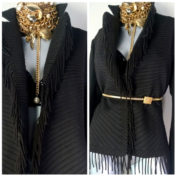 Company Ellen Tracy Open Front Fringe Chocolate Striped Cotton Blend Jacket - Picture 9 of 13